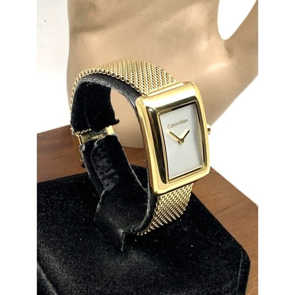 Calvin Klein Women's Watch Silver Dial Quartz Gold Mesh Steel Band Tank … - Picture 2 of 13